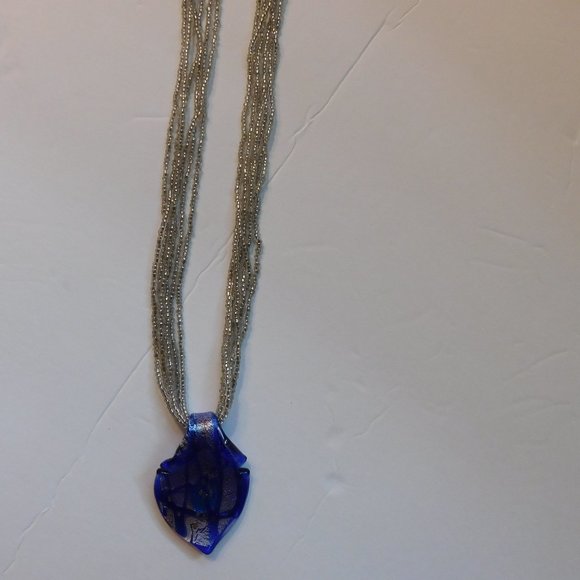 Vintage Six Strand Beaded Blue and Silver Glass Pendant Necklace - Picture 8 of 9